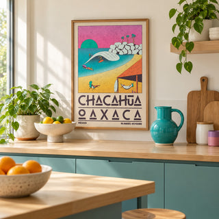 Mexican Beach Poster shown in a minimalist kitchen (frame not included)