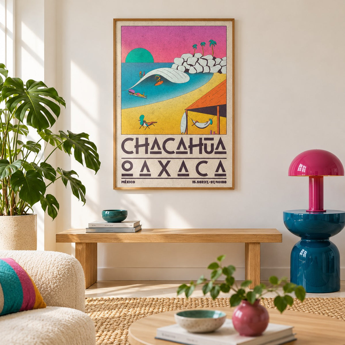 Mexican Beach Poster shown in a minimalist living room with an oak bench (frame not included)