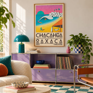 Mexican Beach Poster shown in a playful living room with a retro modular sideboard (frame not included)