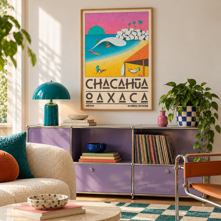 Mexican Beach Poster shown in a playful living room with a retro modular sideboard (frame not included)