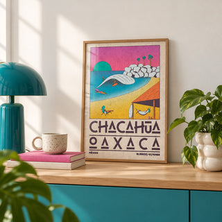 Mexican Beach Poster shown in the small A4 size on a shelf (frame not included)
