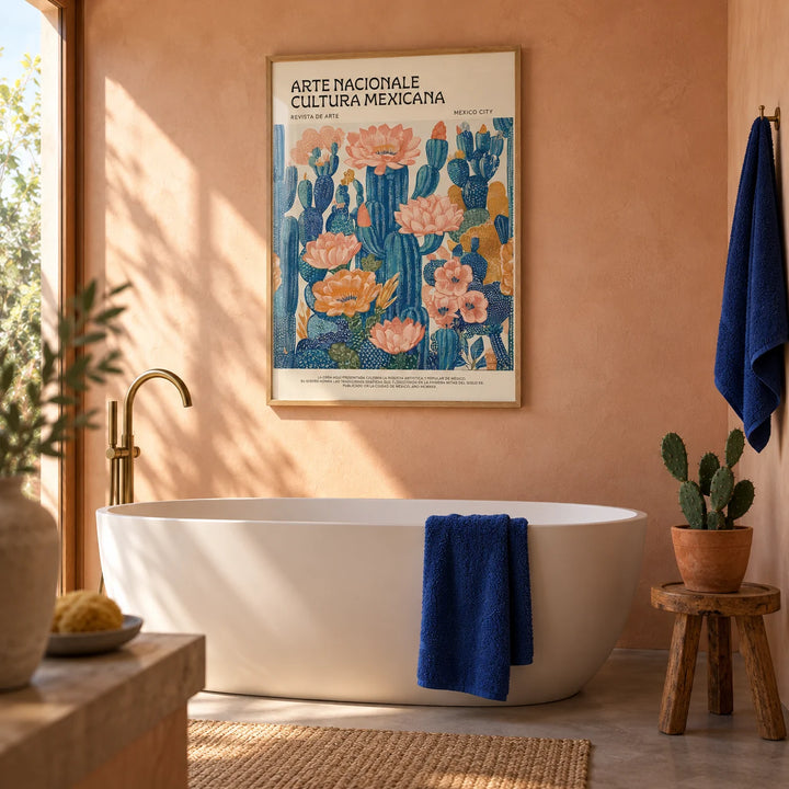 Mexican Boho Decor, framed on the wall of a calm Mexican-modern bathroom with peach plaster walls
