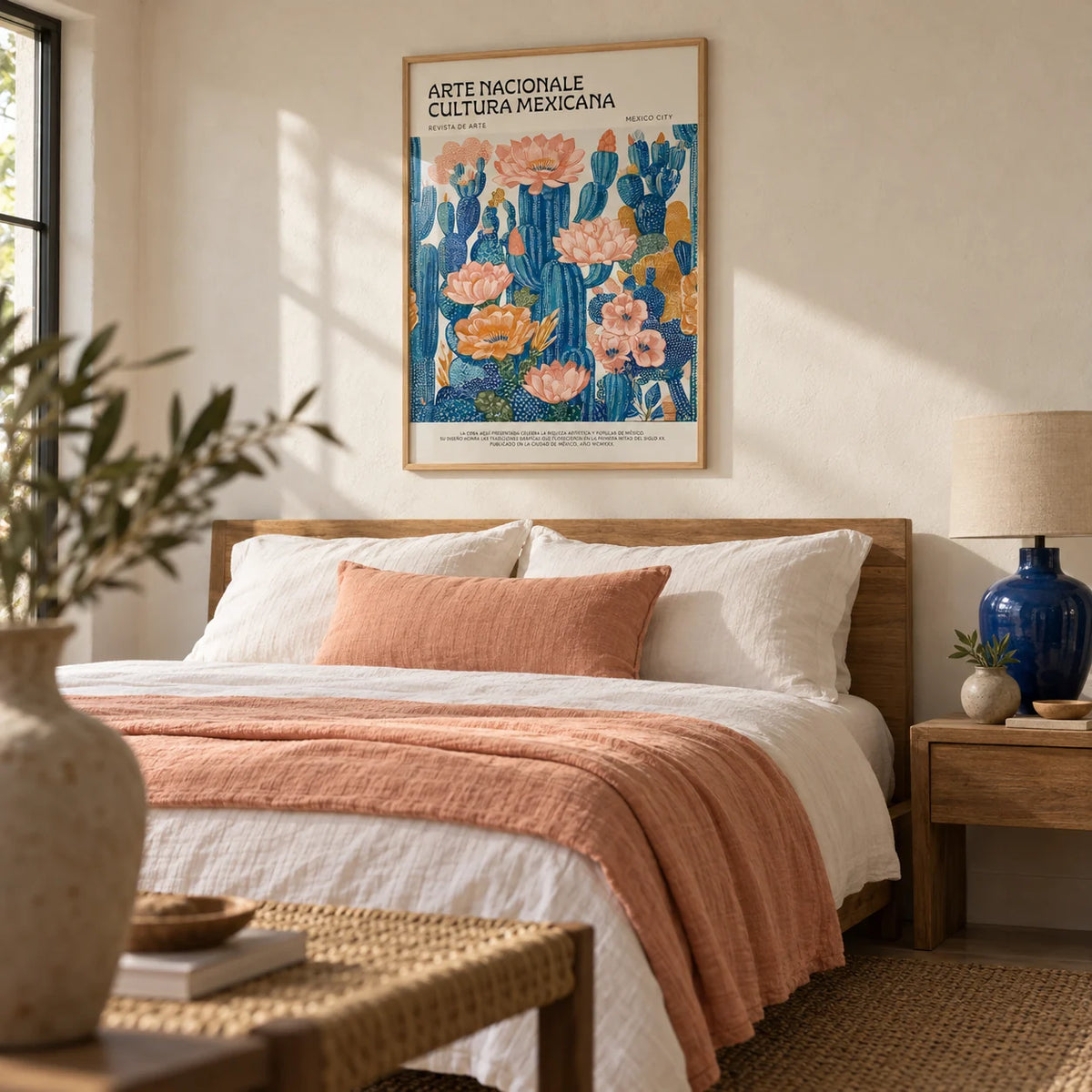 Mexican Boho Decor, framed on the wall of a calm Mexican-modern bedroom with a warm white limewashed wall