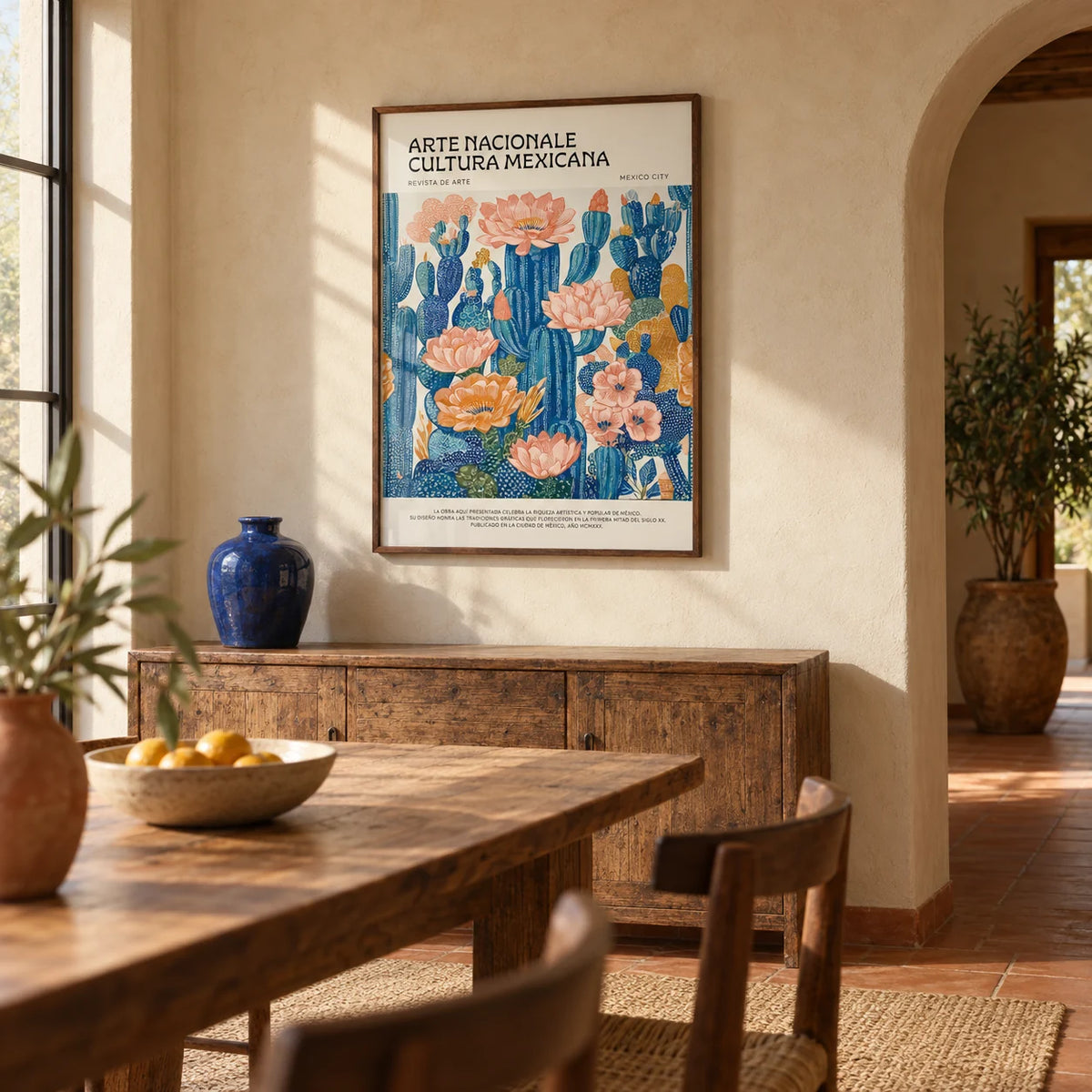 Mexican Boho Decor, framed on the wall of a Mexican-modern dining room with an arched plaster doorway and a terracotta floor
