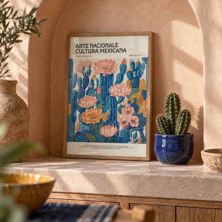 Mexican Boho Decor, a small A4 framed print leaning on a shelf in a living room