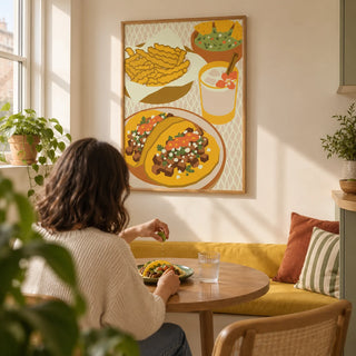 Mexican Cuisine Poster, framed on the wall of a compact kitchen breakfast nook in a first UK flat for a couple aged 25-30