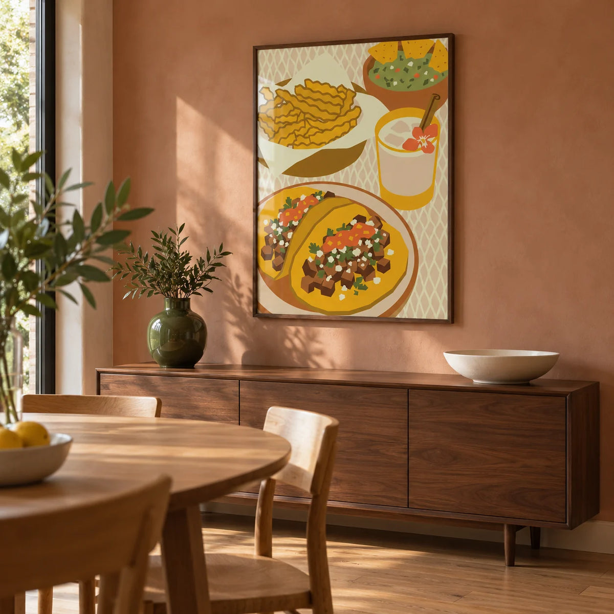 Mexican Cuisine Poster, framed on the wall of a contemporary dining room in a UK family home with a pale terracotta plaster wall and oak flooring