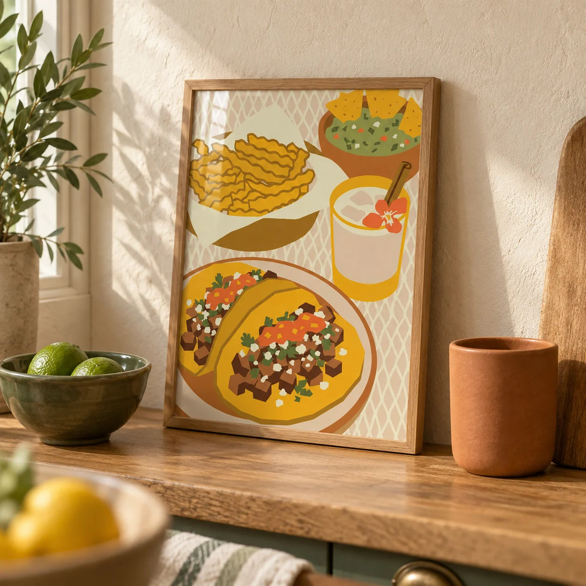 Mexican Cuisine Poster, a small A4 framed print leaning on an oak kitchen worktop