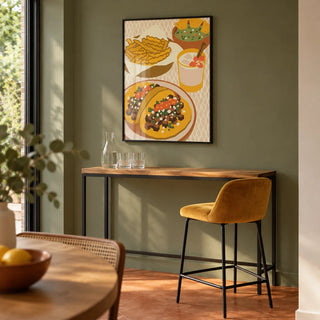 Mexican Cuisine Poster, framed on the wall of a small contemporary home bar in the dining end of a UK open-plan home with a muted green wall and a plain terracotta floor