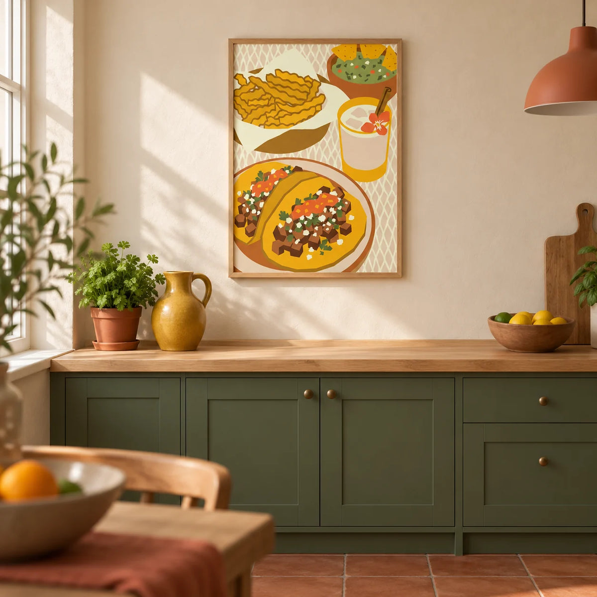 Mexican Cuisine Poster, framed on the wall of a warm modern kitchen in a UK terraced house with cream limewashed walls