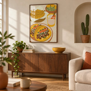 Mexican Cuisine Poster, framed on the wall of a warm modern living room in a UK city flat with a cream plaster wall and a shallow arched niche holding a real potted cactus