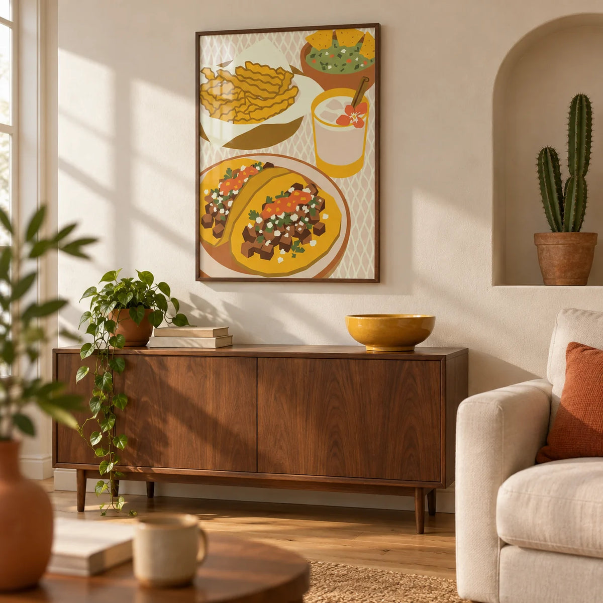 Mexican Cuisine Poster, framed on the wall of a warm modern living room in a UK city flat with a cream plaster wall and a shallow arched niche holding a real potted cactus