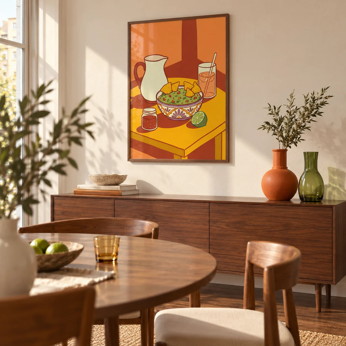 Mexican Cuisine Wall Art, framed on the wall of a design-led dining room in a city flat with warm white walls and a walnut floor