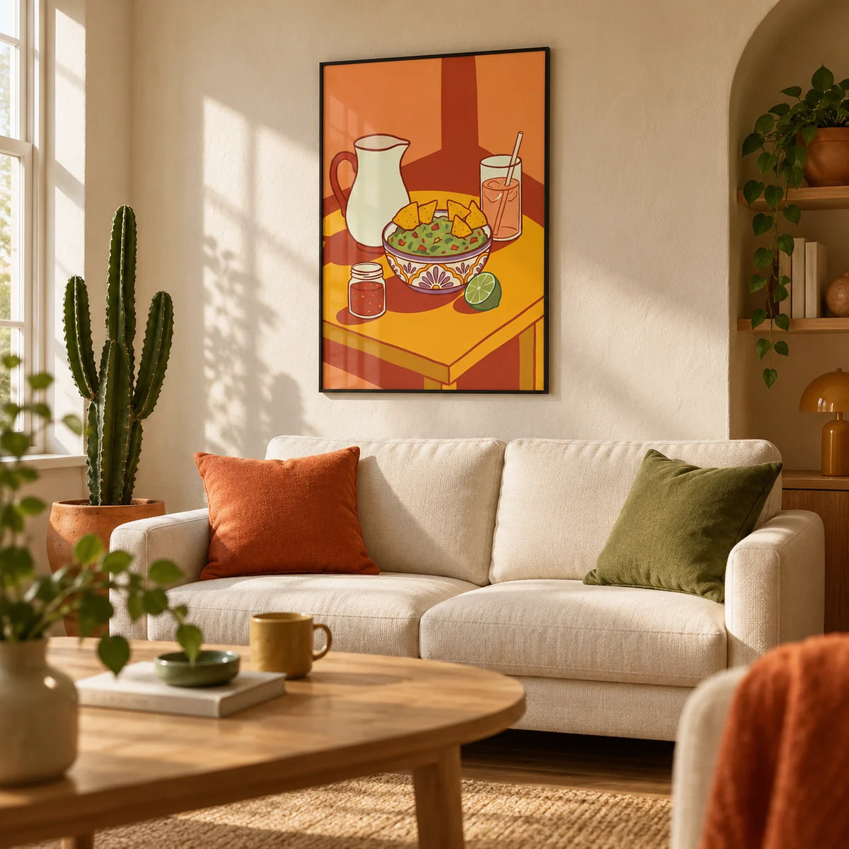 Mexican Cuisine Wall Art, framed on the wall of a modern living room in a UK flat with pale warm plaster walls and an arched alcove