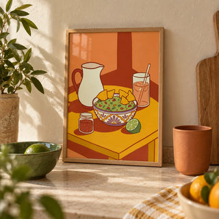 Mexican Cuisine Wall Art, a small A4 framed print leaning on a pale stone kitchen worktop