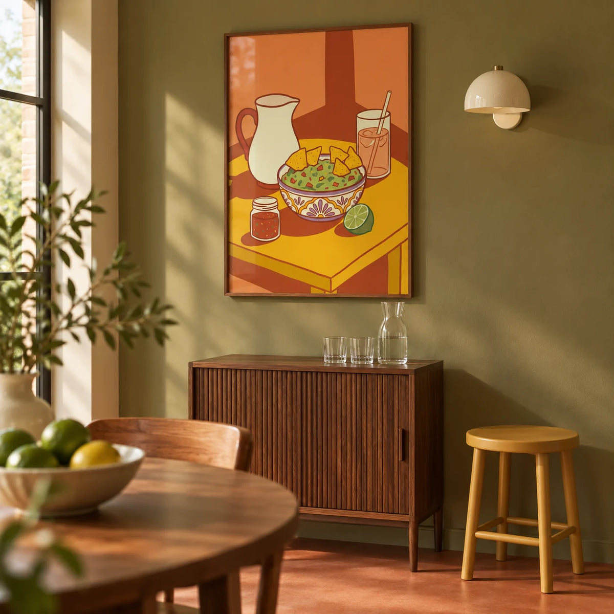 Mexican Cuisine Wall Art, framed on the wall of a small home bar corner in an open-plan dining room with a muted olive wall and plain terracotta flooring