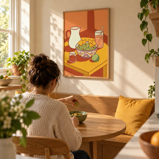 Mexican Cuisine Wall Art, framed on the wall of a sunny kitchen breakfast nook in a compact first home for a couple aged 25-35
