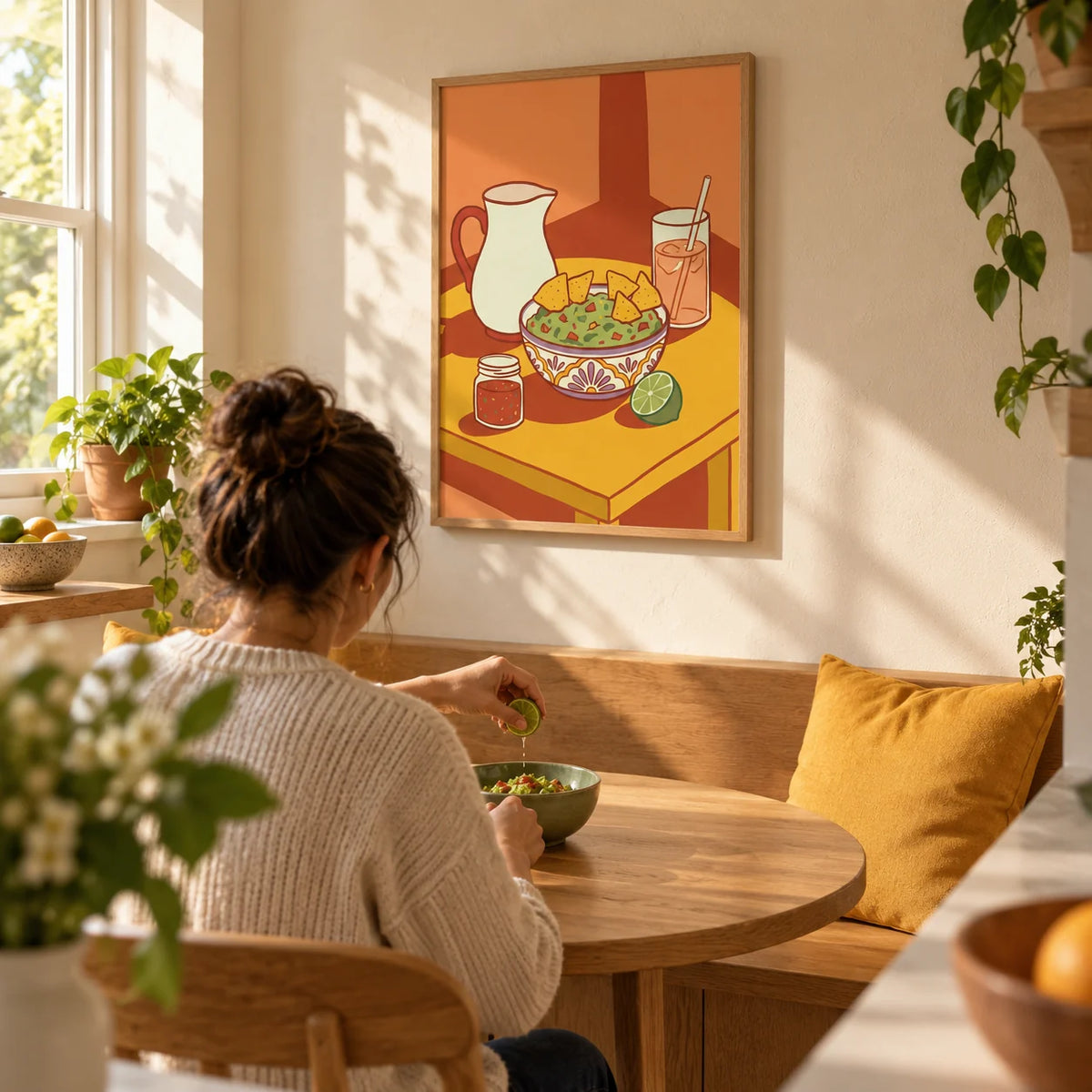 Mexican Cuisine Wall Art, framed on the wall of a sunny kitchen breakfast nook in a compact first home for a couple aged 25-35