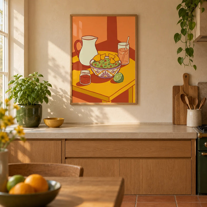 Mexican Cuisine Wall Art, framed on the wall of a warm modern kitchen in a UK terraced home with cream limewashed walls