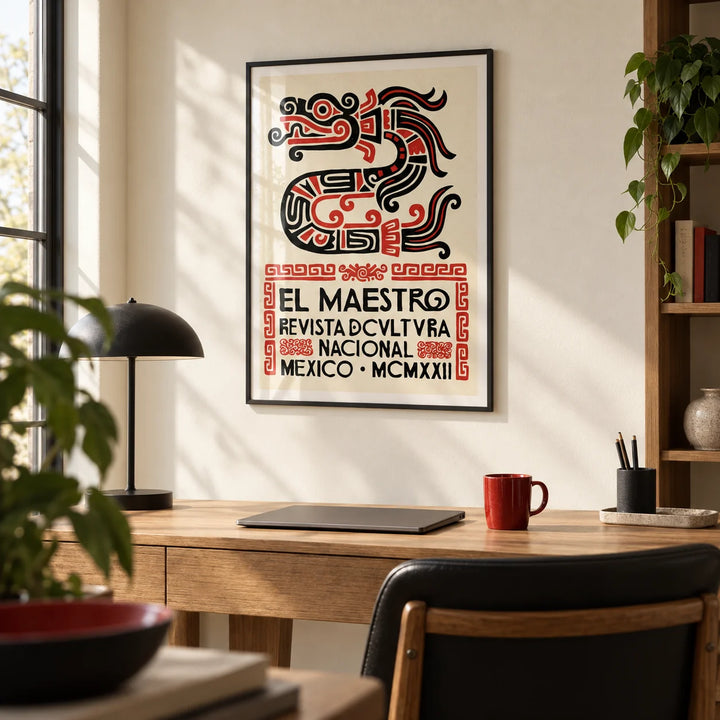 Mexican Cultural Art Print, framed on the wall of a design-led home office with a cream wall