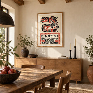 Mexican Cultural Art Print, framed on the wall of a Mexican-modern dining room with wooden ceiling beams and a cream limewashed wall