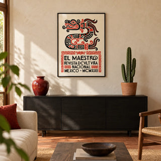 Mexican Cultural Art Print, framed on the wall of a Mexican-modern living room with warm white limewashed plaster and a plain terracotta floor