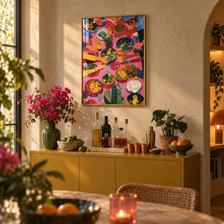 Mexican Decor, framed on the wall of a warm home bar corner in a living room