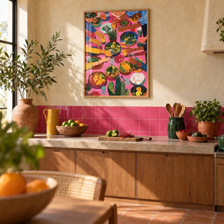 Mexican Decor, framed on the wall of a warm Mexican-modern kitchen