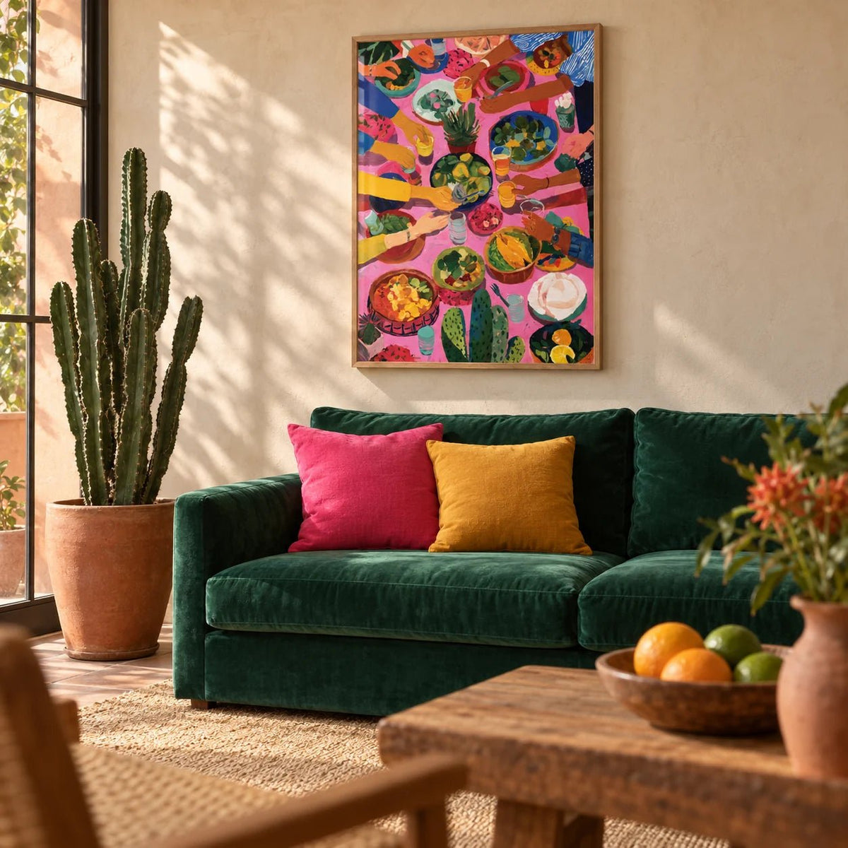 Mexican Decor, framed on the wall of a warm Mexican-modern living room