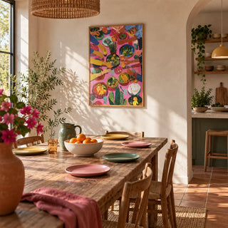 Mexican Decor, framed on the wall of a warm open-plan kitchen-diner
