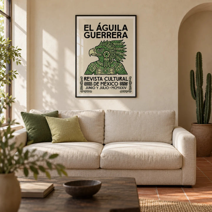 Mexican Eagle Art, framed on the wall of a warm Mexican-modern living room in a UK terrace with cream limewashed walls