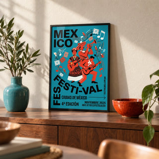 Mexican Festivity Art Print, a small A4 framed print leaning on a walnut sideboard in a living room