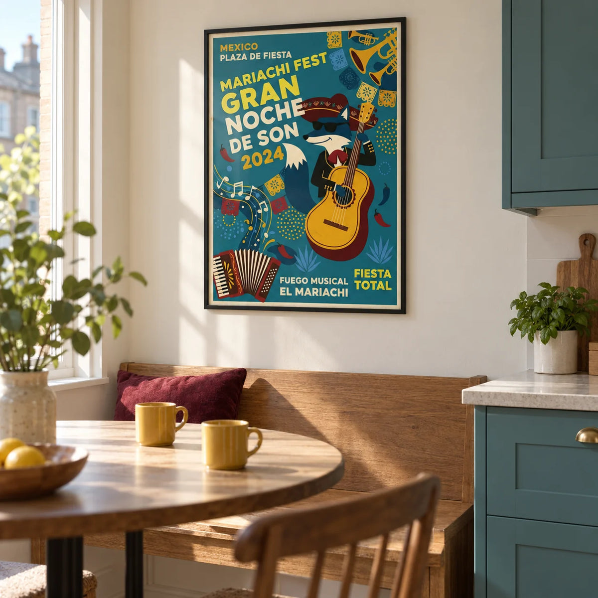 Mexican Fiesta Art Print, framed on the wall of a bright kitchen breakfast corner in a UK flat with plain cream walls and muted teal cabinets