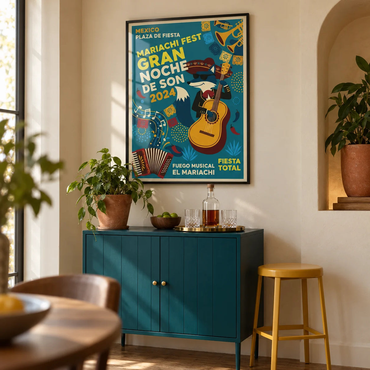 Mexican Fiesta Art Print, framed on the wall of a compact home bar alcove in a contemporary UK flat with warm cream plaster and an oak floor in a living room