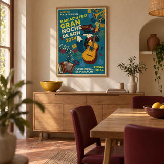 Mexican Fiesta Art Print, framed on the wall of a contemporary dining room in a UK home with warm plaster walls
