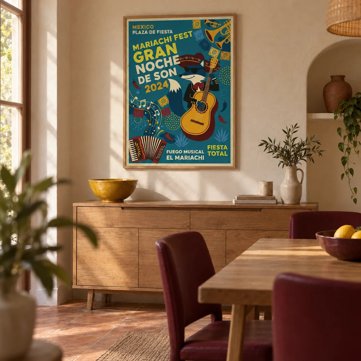 Mexican Fiesta Art Print, framed on the wall of a contemporary dining room in a UK home with warm plaster walls