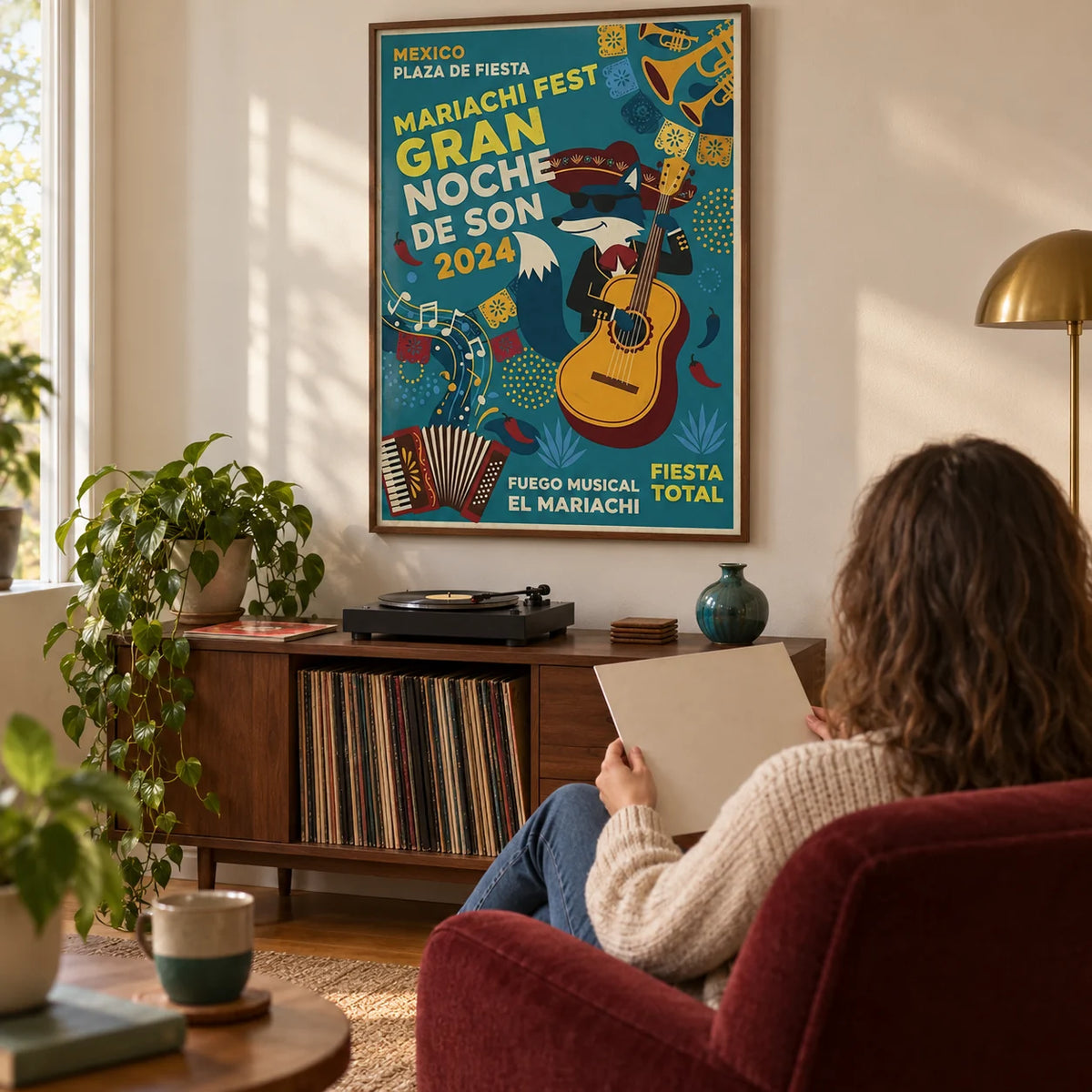 Mexican Fiesta Art Print, framed on the wall of a relaxed music-listening corner in a UK first home with a warm off-white wall in a living room