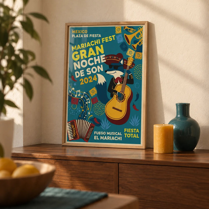Mexican Fiesta Art Print, a small A4 framed print leaning on a walnut sideboard in a living room