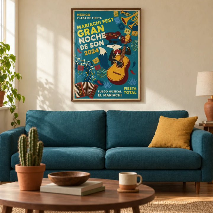Mexican Fiesta Art Print, framed on the wall of a warm Mexican-modern living room in a UK terraced house with cream limewashed walls and an oak floor