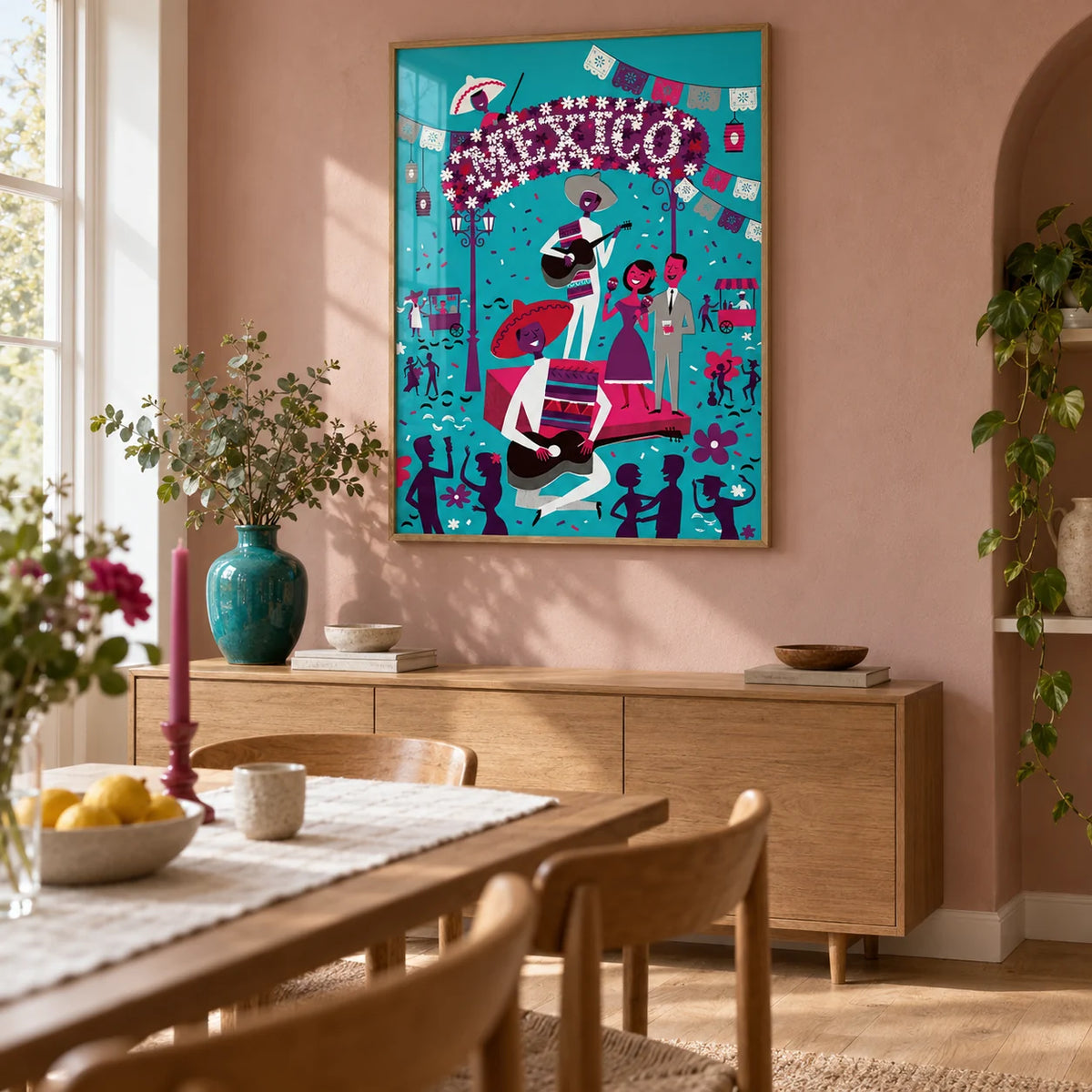 Mexican Fiesta Wall Art, framed on the wall of a bright dining room in a renovated UK terrace with a muted dusty pink plaster wall and pale oak floor