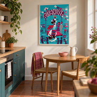 Mexican Fiesta Wall Art, framed on the wall of a compact contemporary kitchen in a UK first flat for a couple aged 25-35
