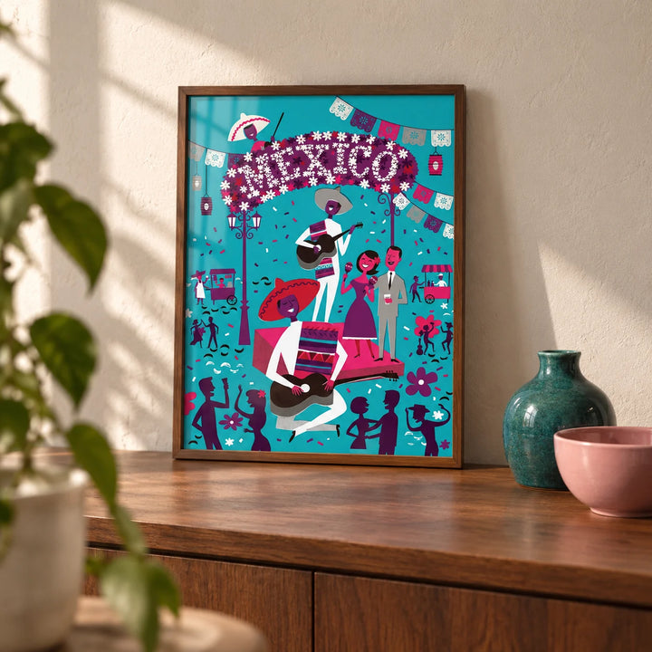 Mexican Fiesta Wall Art, a small A4 framed print leaning on a walnut sideboard in a living room