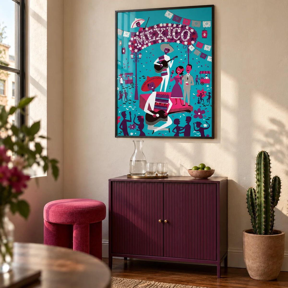 Mexican Fiesta Wall Art, framed on the wall of a small home bar corner in a design-conscious UK flat with warm ivory plaster and a walnut floor in a living room