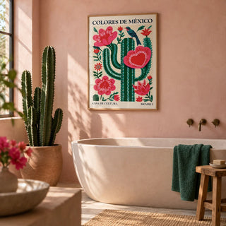 Mexican Folk Art Cactus, framed on the wall of a Mexican-modern bathroom with smooth pale pink plaster walls