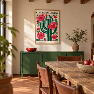 Mexican Folk Art Cactus, framed on the wall of a Mexican-modern dining room with wooden ceiling beams and a plain terracotta floor