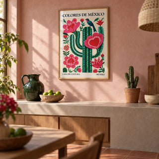 Mexican Folk Art Cactus, framed on the wall of a Mexican-modern kitchen with a dusty pink limewashed wall