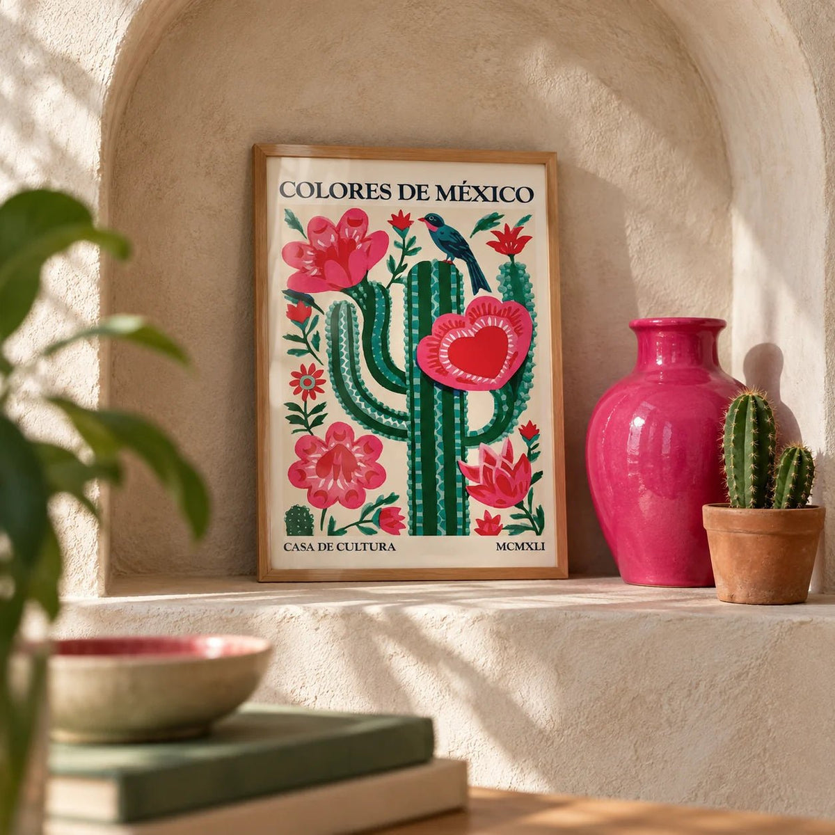 Mexican Folk Art Cactus, a small A4 framed print leaning on a shelf in a living room