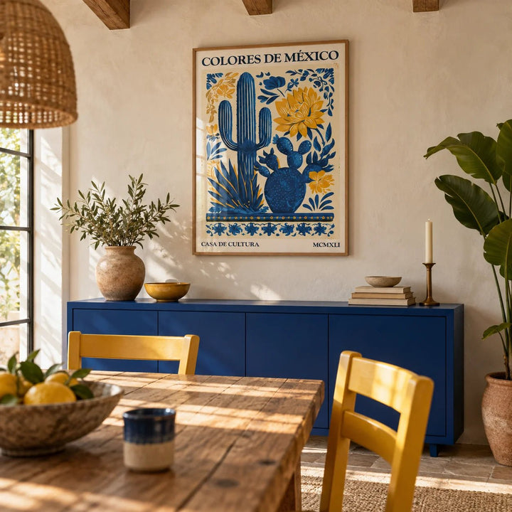 Mexican Folk Art, framed on the wall of a Mexican-modern dining room with limewashed cream walls and wooden ceiling beams