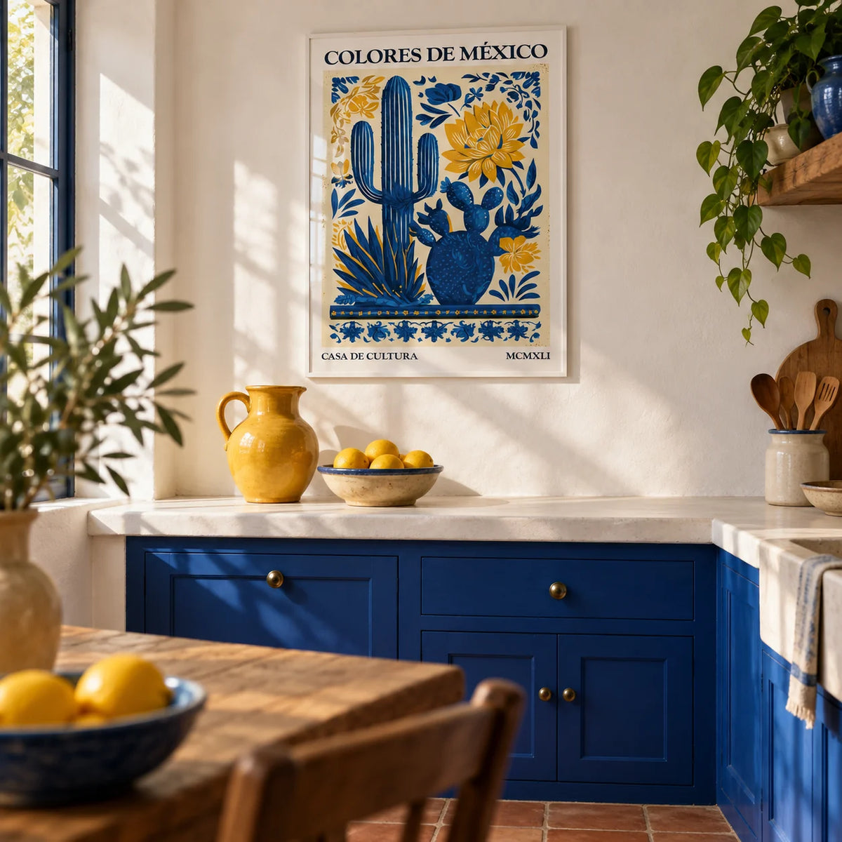 Mexican Folk Art, framed on the wall of a Mexican-modern kitchen with smooth white plaster walls and solid cobalt blue painted cabinets