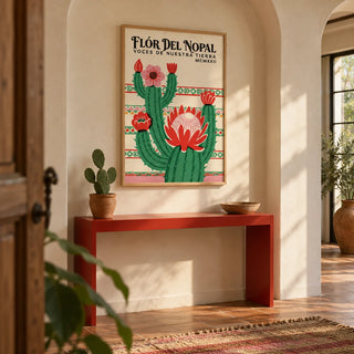 Mexican Folk Art Print, framed on the wall of a Mexican-modern hallway with an arched plaster niche